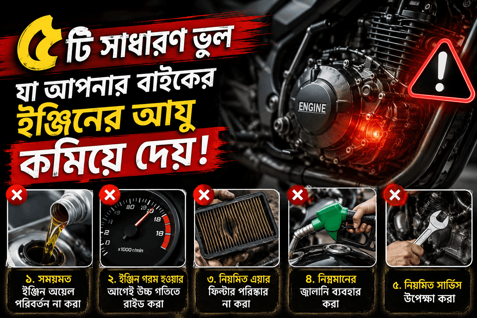 ৫টি সাধারণ ভুল যা আপনার মোটরসাইকেলের ইঞ্জিনের আয়ু কমিয়ে দেয়