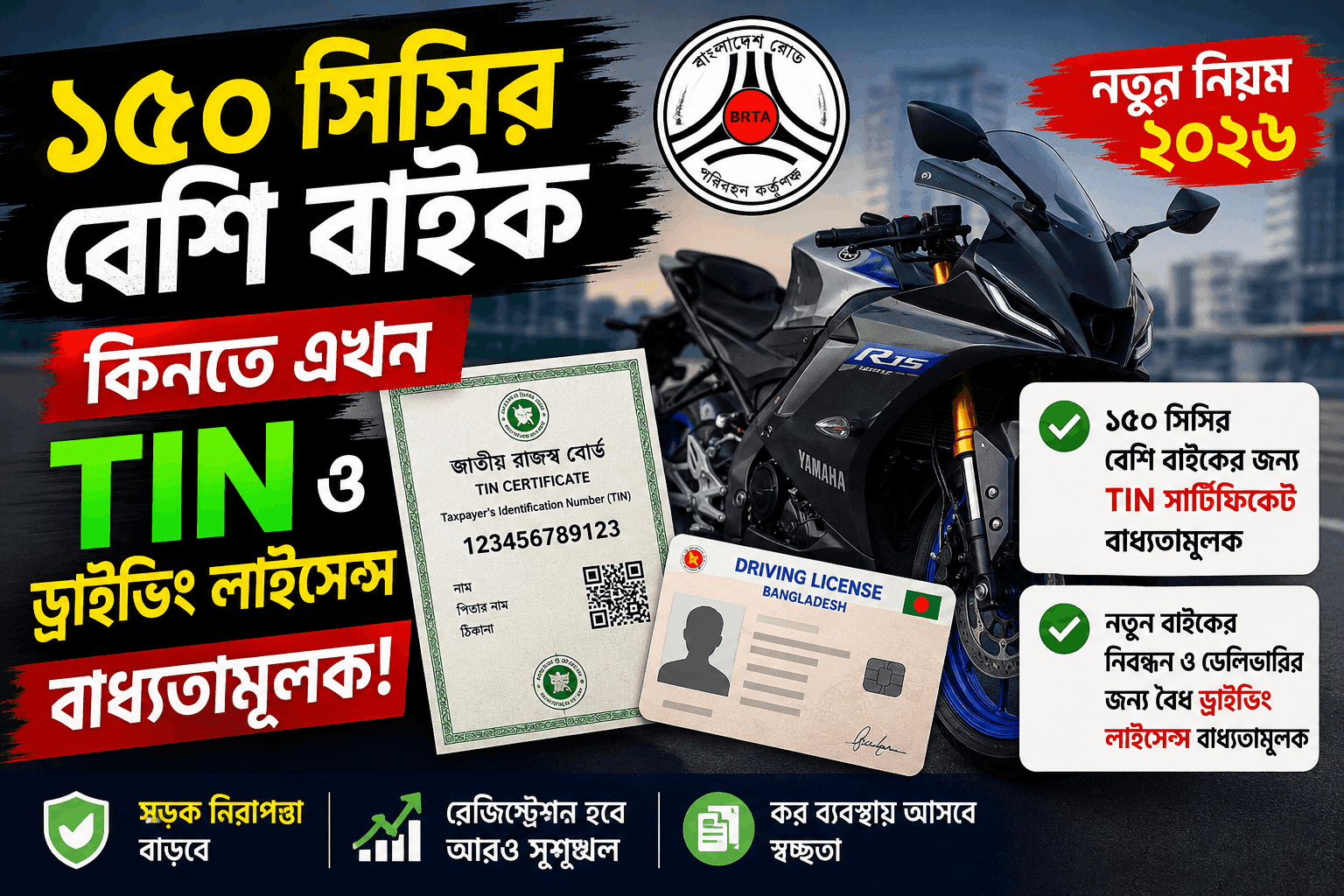 ১৫০ সিসির বেশি বাইক কিনতে TIN ও ড্রাইভিং লাইসেন্স বাধ্যতামূলক | নতুন BRTA নিয়ম ২০২৬